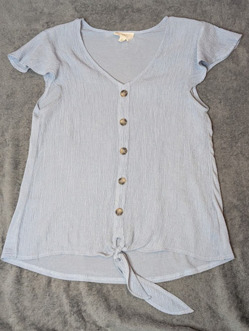FLOWER AND FEATHER light blue shirt faux button down tie front XL youth/SM Adult